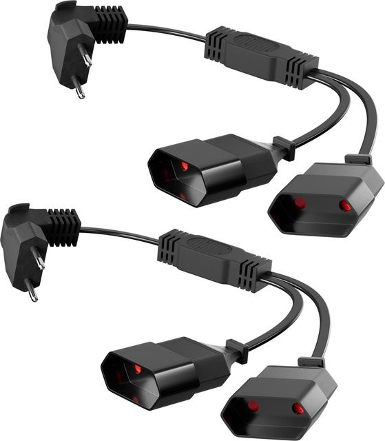 2er-Set Europäisches Verlängerungskabel mit 90 Grad Stecker und Dual-Steckdose, EU Y-Splitter Kabel 250V/8A, Schwarz - Bild 1