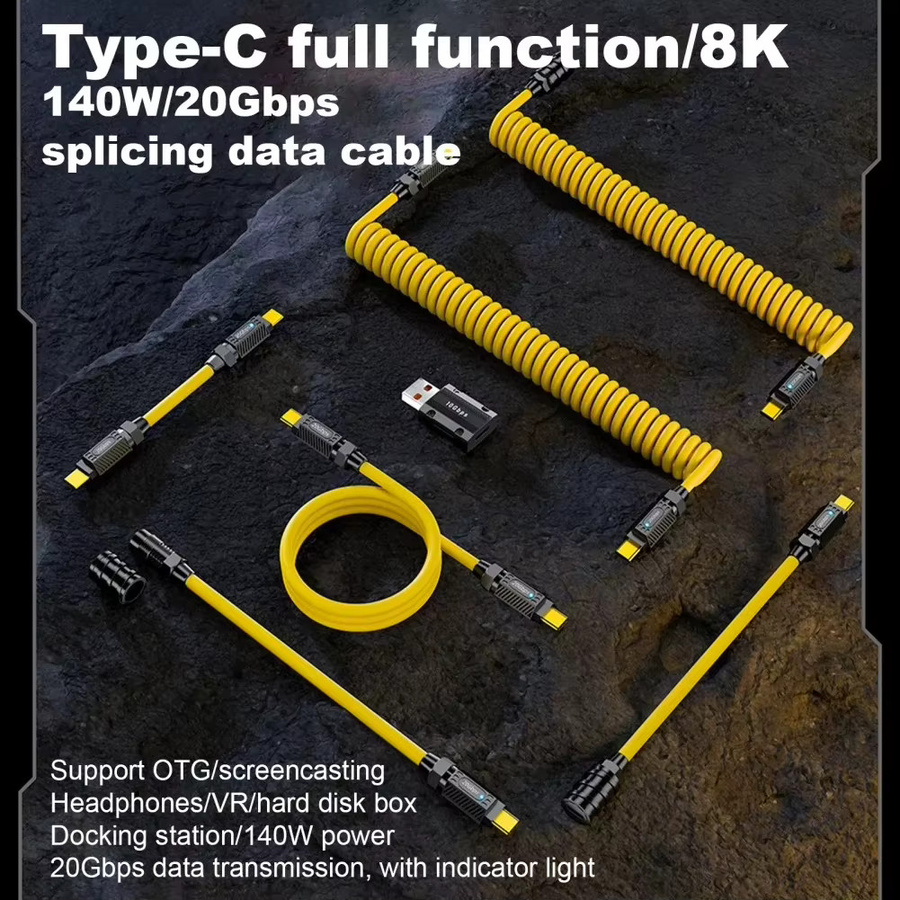 NNBILI USB-C auf USB-C Kabel mit 20 Gbit/s und 140 W PD3.1 Unterstützung, Feder einziehbares Thunderbolt kompatibles Kabel in Gelb - Bild 2