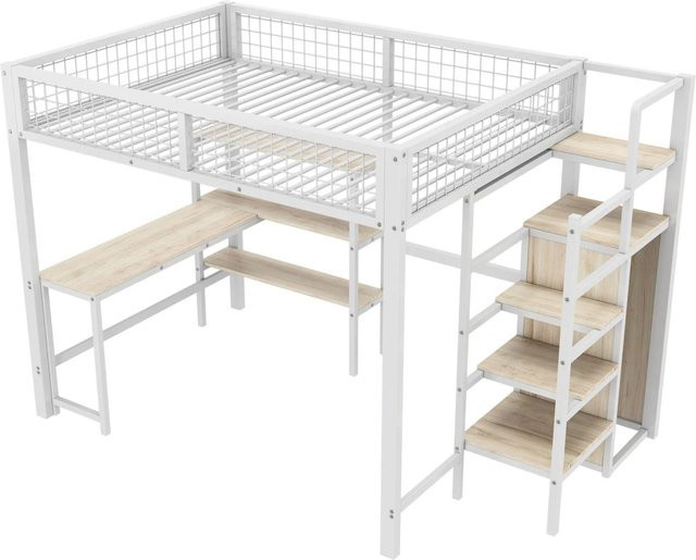 okwish Hochbett für Kinder mit Schreibtisch und Treppe, Weiß, B/T/H: 200 x 140 x 145 cm - Bild 1