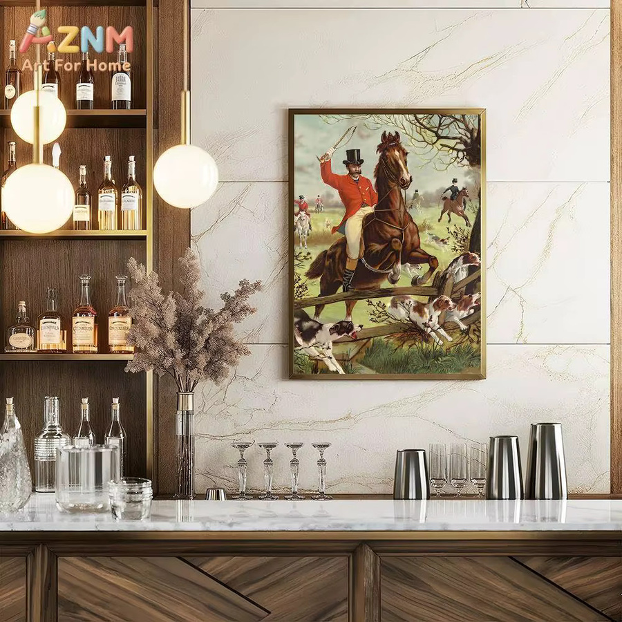 AZNM Vintage Leinwand-Wandkunst mit Reitsport- und Jagdmotiv, ungerahmtes Tierdruck-Gemälde in Multicolour - Bild 6