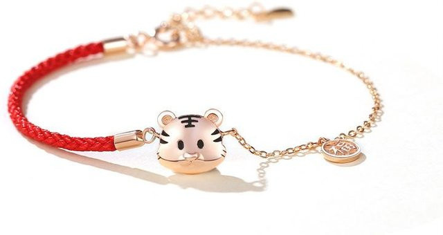 Schnurarmband Glücklicher Tiger, 925 Silber, Rot, Beige, Unisex - Bild 1