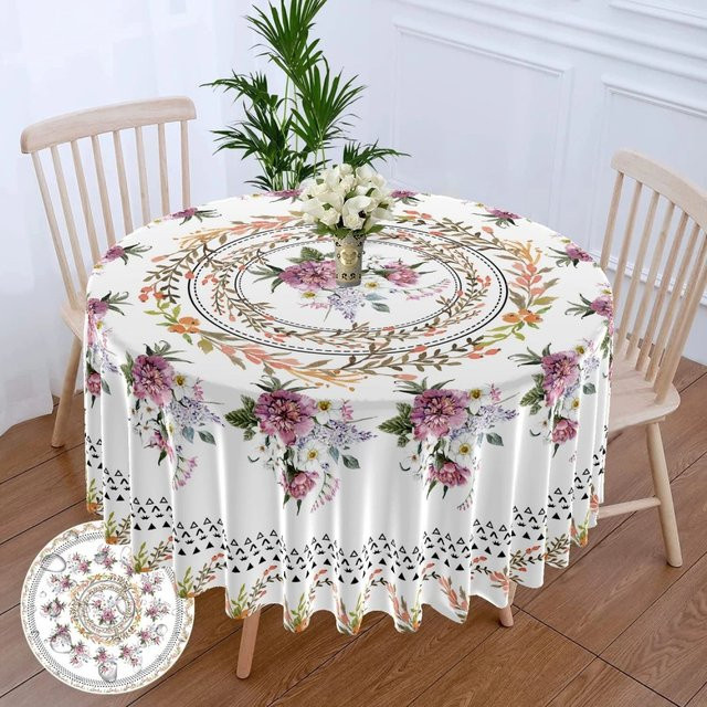 VIKAMA Runde Tischdecke mit Sonnenblumenmuster in Weiß, wasserabweisend und ölbeständig - Bild 1