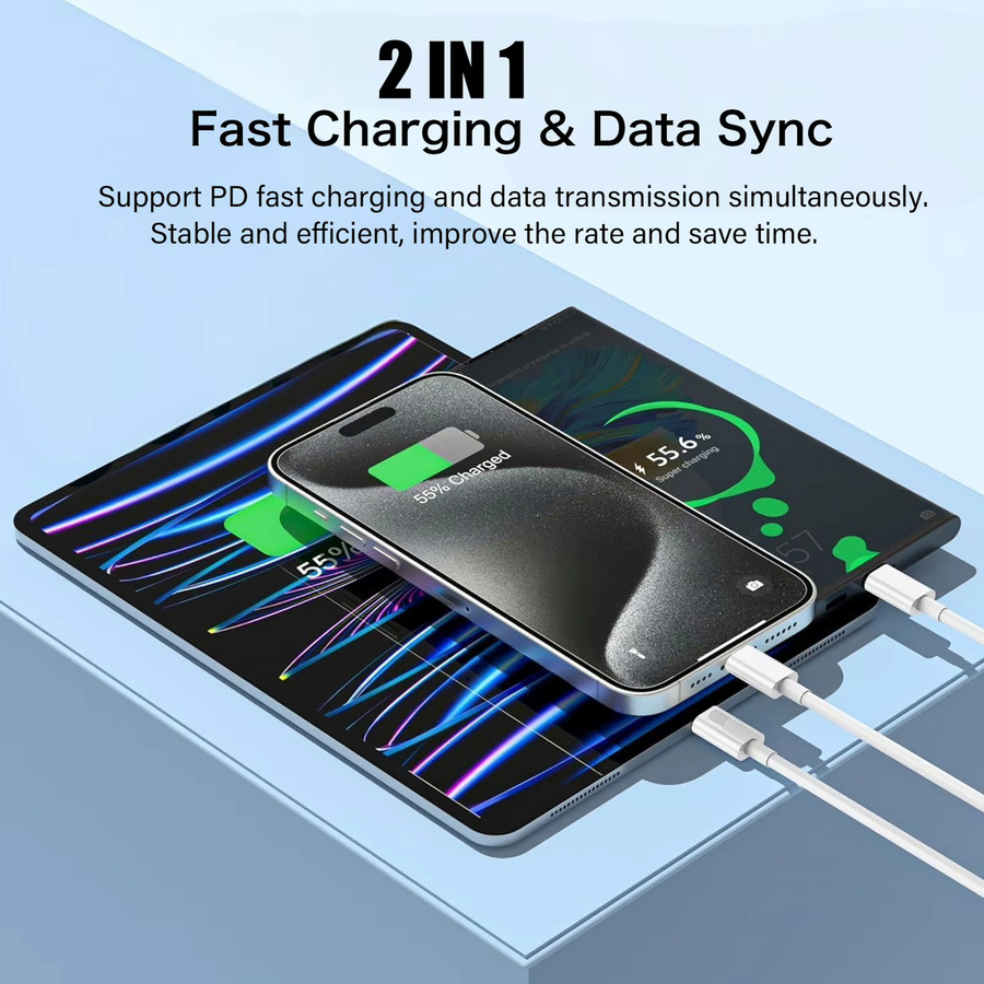 Tonsiny USB-C Kabel 60 W Weiß für iPhone, iPad, Samsung und Xiaomi mit gewebtem Draht - Bild 3
