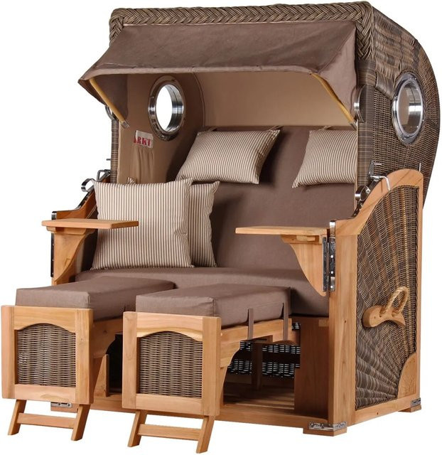 bene,iving Strandkorb Komplettset Ammersee Modell 534 aus Teakholz und PE-Rattan in Grau mit Bullauge - Bild 1
