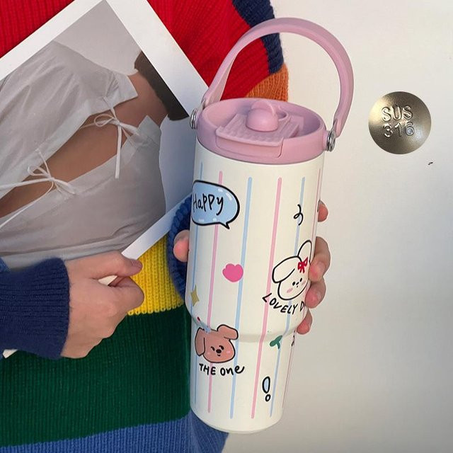 Yiran Furniture Cartoon Tier Strohbecher Thermosbecher mit hohem Fassungsvermögen, Weiß, 900ml - Bild 1