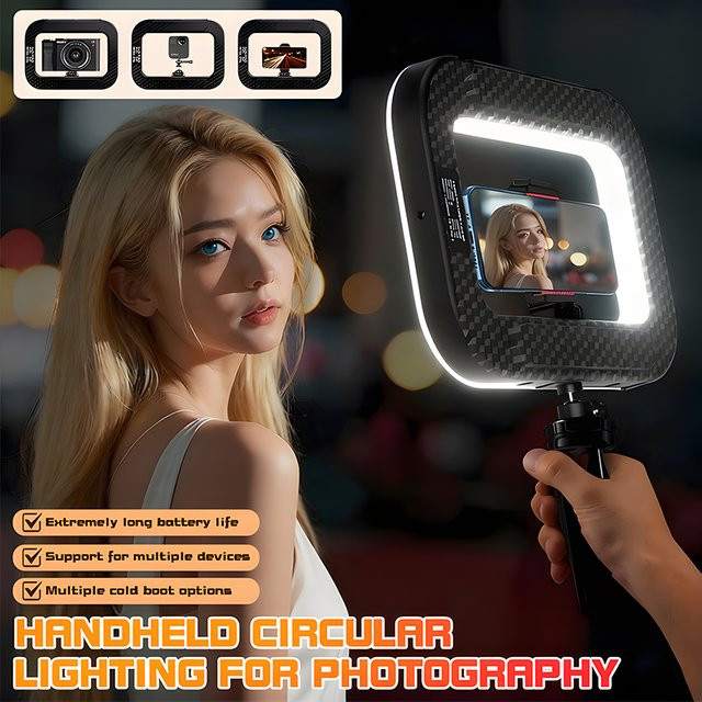 Roreta Handheld-Ring-LED-Licht in Schwarz, wiederaufladbar und tragbar für Livestreaming, Fotografie und Selfie-Aufnahmen - Bild 1
