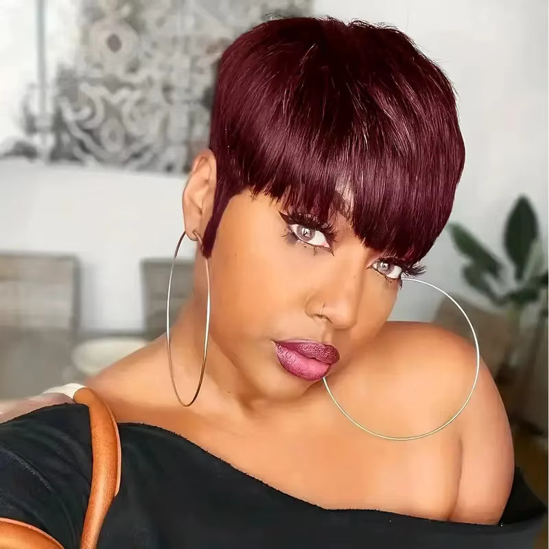 Lolely Dream Perücke, Bob Pixie Cut mit Pony, Rot Burgund, Echthaar, Damen - Bild 2