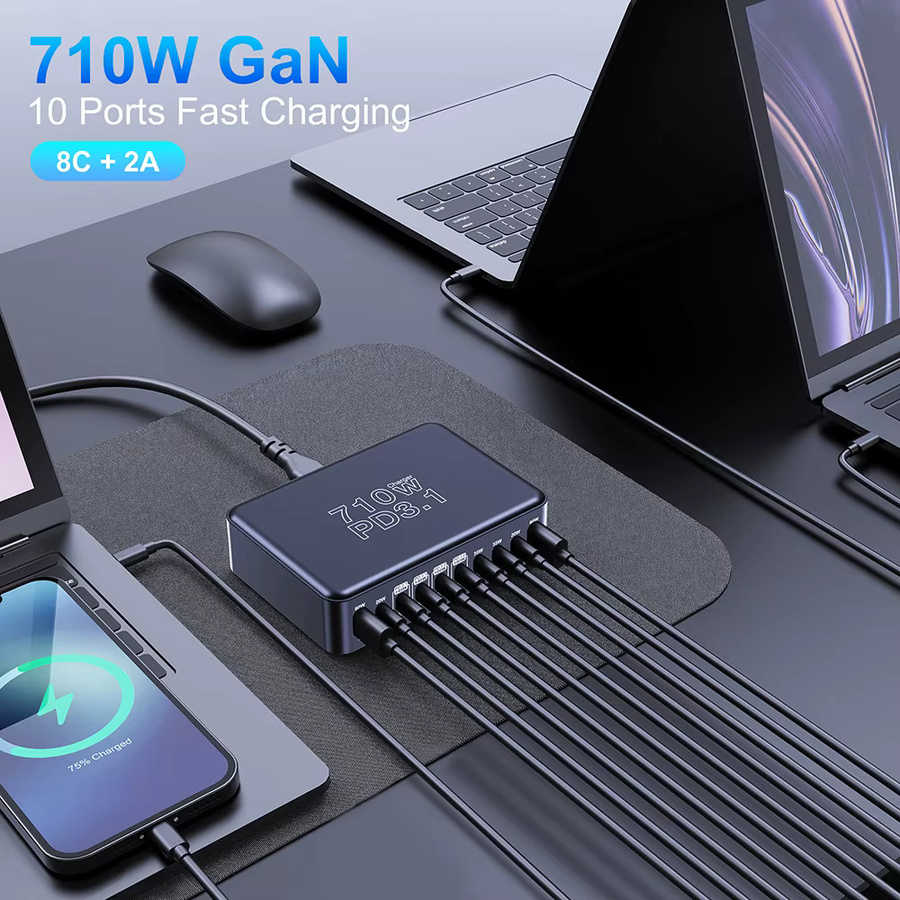 UBIGBUY 710W GaN USB C Ladegerät mit 10 Ports, PD 3.1 140W und 100W PPS Schnellladestation für iPhone 16, Samsung S23 und MacBook Pro, Schwarz - Bild 3