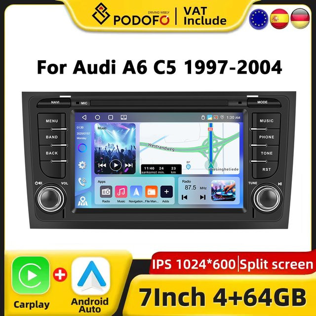 Podofo CarPlay Android Radio für Audi A6 C5 1997-2004 mit GPS, 2DIN Multimedia Player in Schwarz - Bild 1