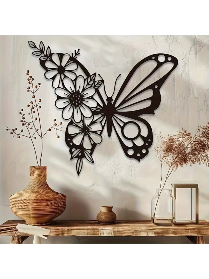 CIFBUY Art Deco Wandskulptur aus Metall mit Schmetterlingen und Blumen in Schwarz - Bild 4