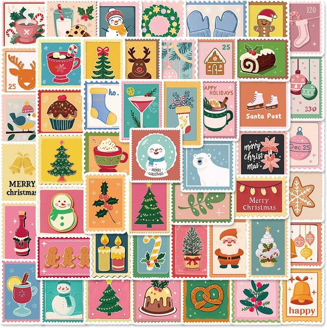 PickJoy 50 Stück Vintage Weihnachtsaufkleber in Multicolour für Sammelalben und Grußkarten - Bild 1