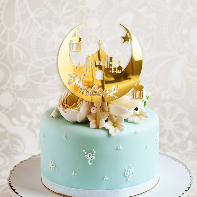 ZQNYCY Eid Mubarak Kuchen Topper aus Acryl in Gold Spiegeloptik mit Mond Muster für Ramadan und Party Dekorationen - Bild 1