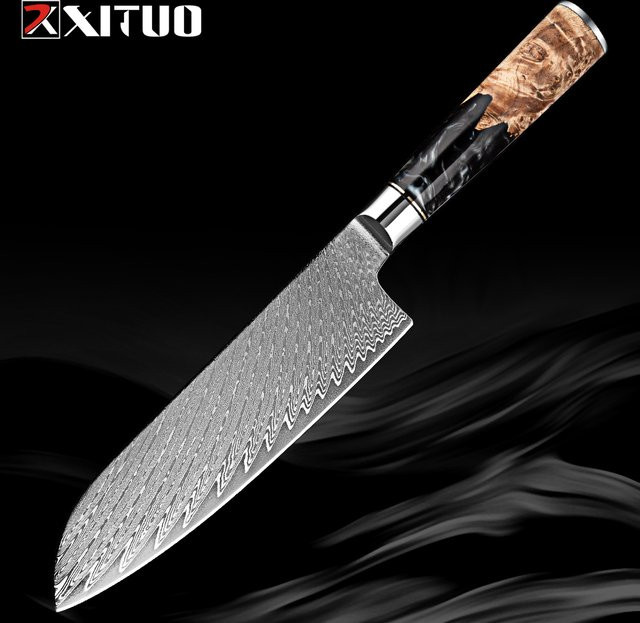 Xituo Santoku Messer aus Damaststahl mit VG10 Klinge und ergonomischem Holzgriff, 17,78 cm - Bild 1