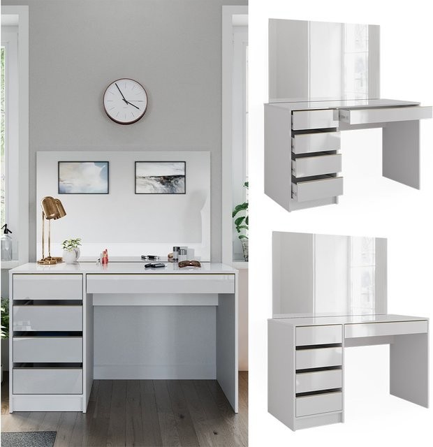 Vicco Schminktisch Sherry Weiß Hochglanz Gold mit Spiegel und 5 Schubladen, B: 120 cm, T: 75 cm, H: 75 cm - Bild 1