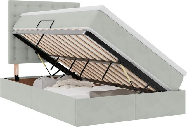 vidaXL Bett mit Stauraum und LED in Hellgrau aus Samt, B/T/H: 120 x 200 x 204 cm - Bild 1