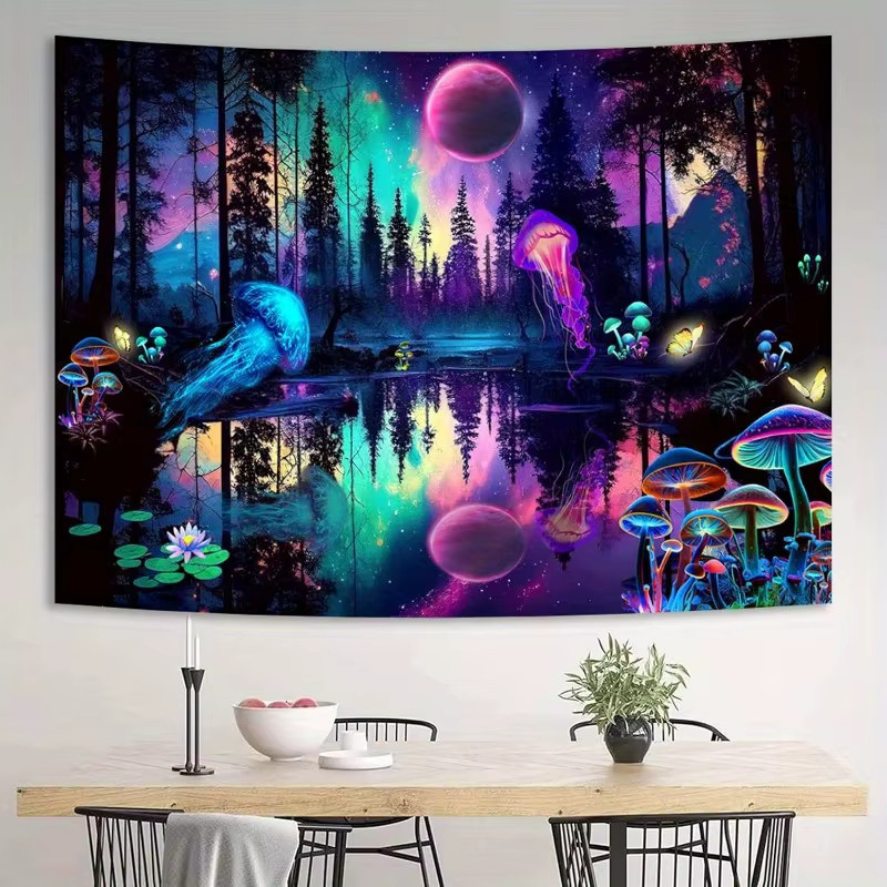 VIKAMA Wandteppich mit psychedelischem Wald, Pilzen und Quallen in Multicolour, B/H: 60 x 40 cm - Bild 2