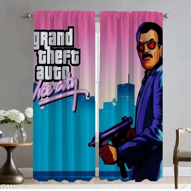 Zweiteiliges Tüll-Fenstervorhang Set mit GTA Vice City Grafik für Schlafzimmer und Wohnzimmer, Mehrfarbig, B: 60 cm, H: 90 cm - Bild 1