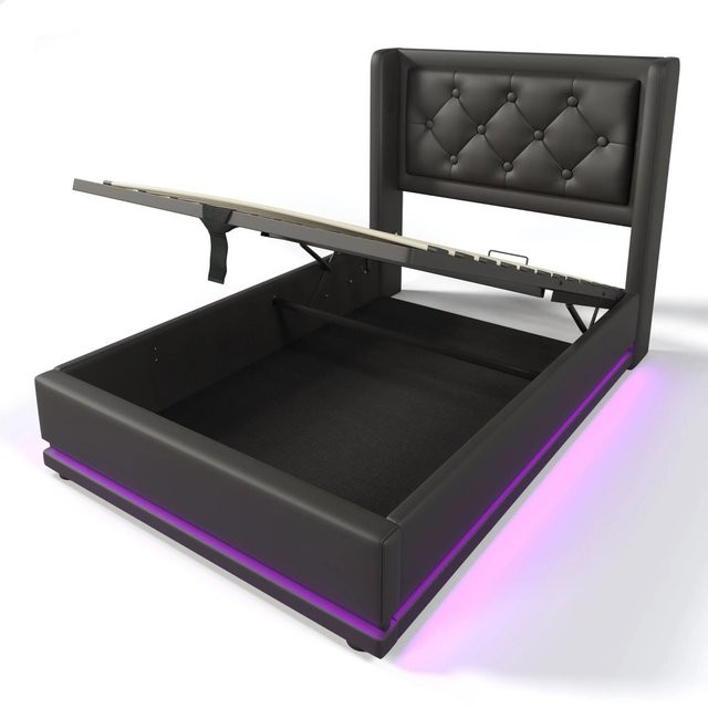 okwish Polsterbett Schwarz mit LED-Unterbettbeleuchtung, USB-Anschluss und Stauraum durch Hydraulikfunktion inklusive Matratze, B/T/H: 90 x 200 x 36 cm - Bild 1