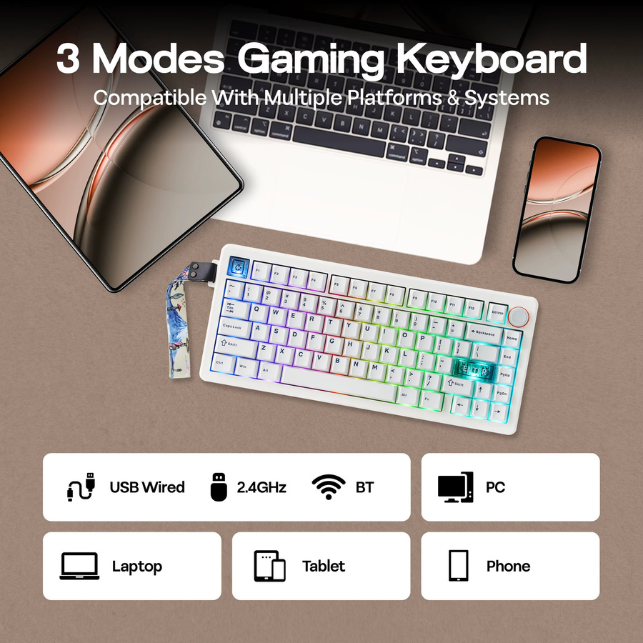 CIDOO QK75 Mechanische Tastatur 75 % mit RGB-Hintergrundbeleuchtung, VIA programmierbar, kabellos via Bluetooth oder 2,4 GHz und kabelgebunden, Farbe: Weiß - Bild 3