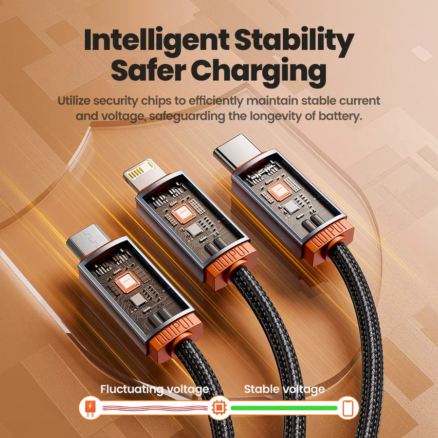 Toocki 3 in 1 USB Multi Port Schnellladekabel für iPhone, USB-C und Micro-USB in Schwarz und Orange - Bild 5