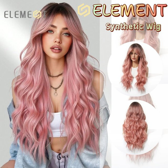ELEMENT Ombre-Perücke, schwarzbraun bis rosa, gewellt, mit Pony, Damen - Bild 1