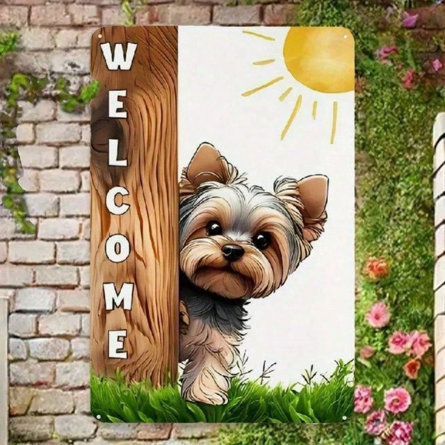 Willkommensschild CIFBUY aus Metall mit Yorkshire Terrier Welpe im rustikalen Holzzaun-Design, mehrfarbig - Bild 1