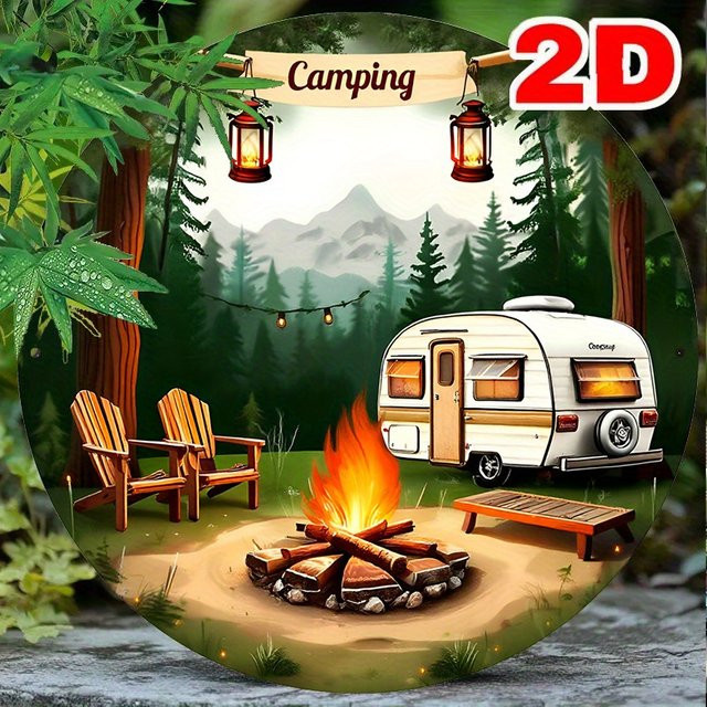 Rundes Vintage-Wandschild aus Metall von Potdemiel mit Camping-Motiv, Durchmesser: 20,3 cm, Mehrfarbig - Bild 1
