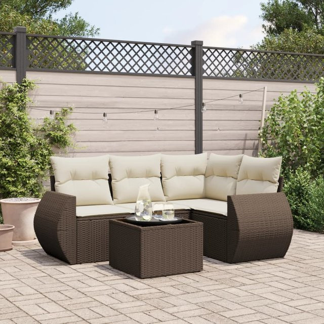vidaXL 5-tlg. Garten-Sofagarnitur in L-Form aus braunem Polyrattan mit Kissen und Metallrahmen - Bild 3