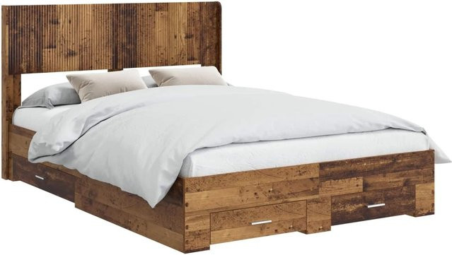 vidaXL Bettgestell mit Kopfteil und Stauraum in Altholz-Optik, Farbe: Braun, B/T/H: 120 x 190 x 126,5 cm - Bild 1