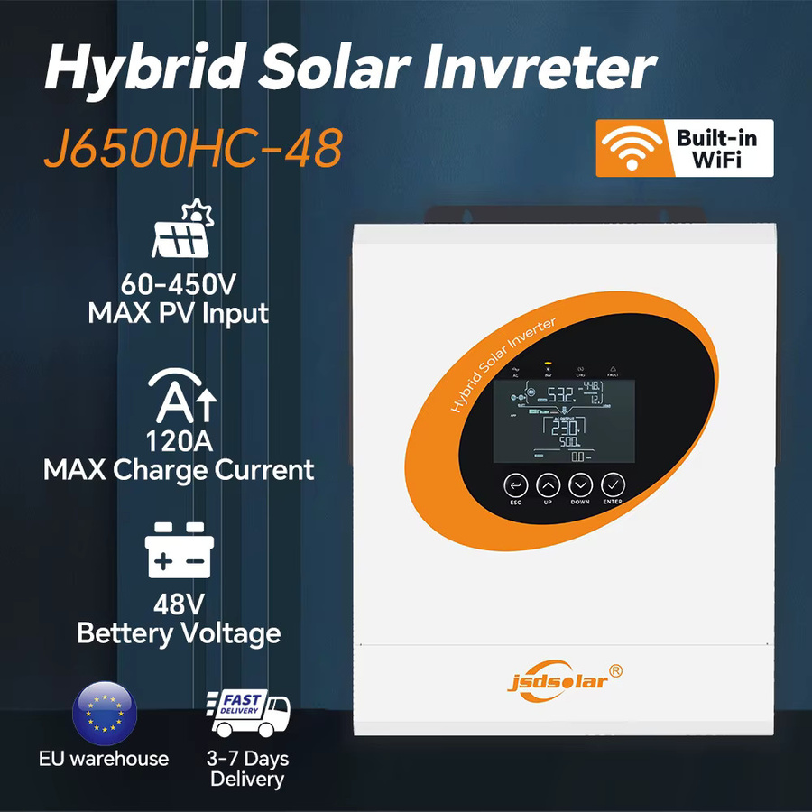 Jsdsolar Hybrid-Solarwechselrichter 6,5KW 48V mit MPPT 120A und 9000W PV 500VDC, Reine Sinuswelle, Dual-AC-Ausgang, integriertes WLAN, Farbe: Weiß - Bild 4