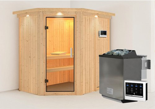 KARIBU Vijandi Bio-Kombi-Sauna aus Fichtenholz mit 9 kW Saunaofen und externer Steuerung für 3 Personen, beige, B/T/H: 210 x 202 x 165 cm - Bild 1