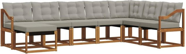 vidaXL Outdoor-Sofagarnitur 8-teilig in L-Form aus Akazienholz und Textilene mit Kissen in Natur und Hellgrau - Bild 1