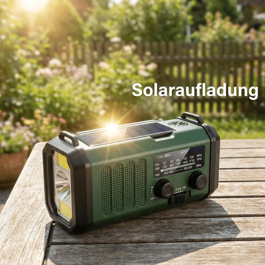 Tragbares Notfallradio in Grün mit Powerbank, Solar, Handkurbel und Taschenlampe für Outdoor und Camping mit FM/AM/WB sowie Kompass - Bild 6