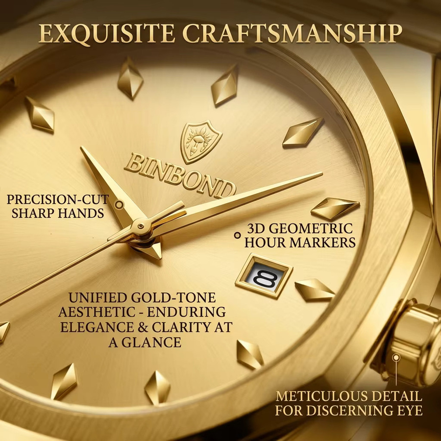 BINBOND Armbanduhr, Quarz, Edelstahl, Gold, Eckig, Unisex - Bild 2