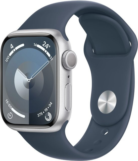 Apple Watch Series 9 GPS Smartwatch aus Aluminium mit Sportarmband S/M in Silber und Sturmblau (41mm) - Bild 1