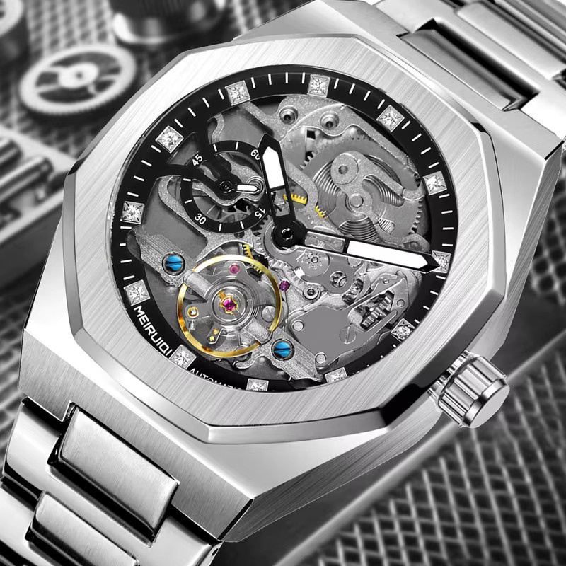 MEIRUIQI Armbanduhr Edelstahl, Automatik, Schwarz, Silber, Herren - Bild 3