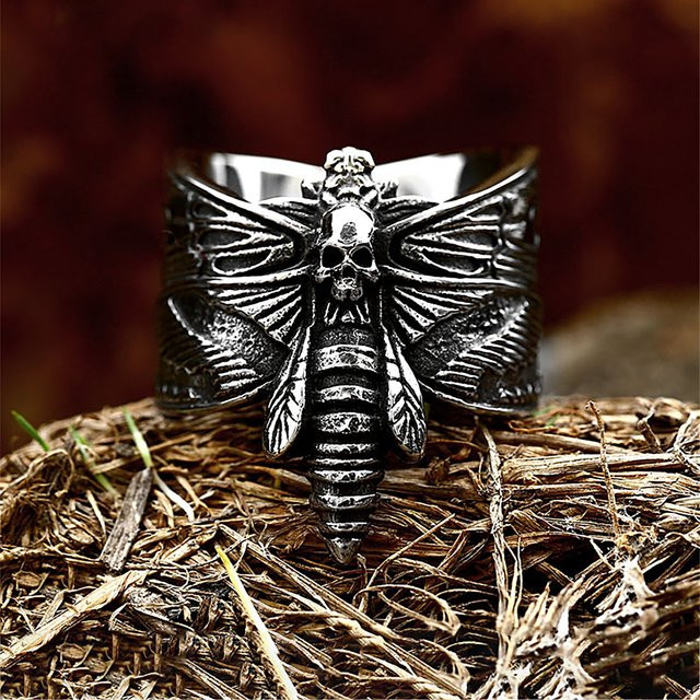 NORTHMAN Ring Schmetterling Schädel, Edelstahl, Silber, Unisex, Vintage - Bild 1