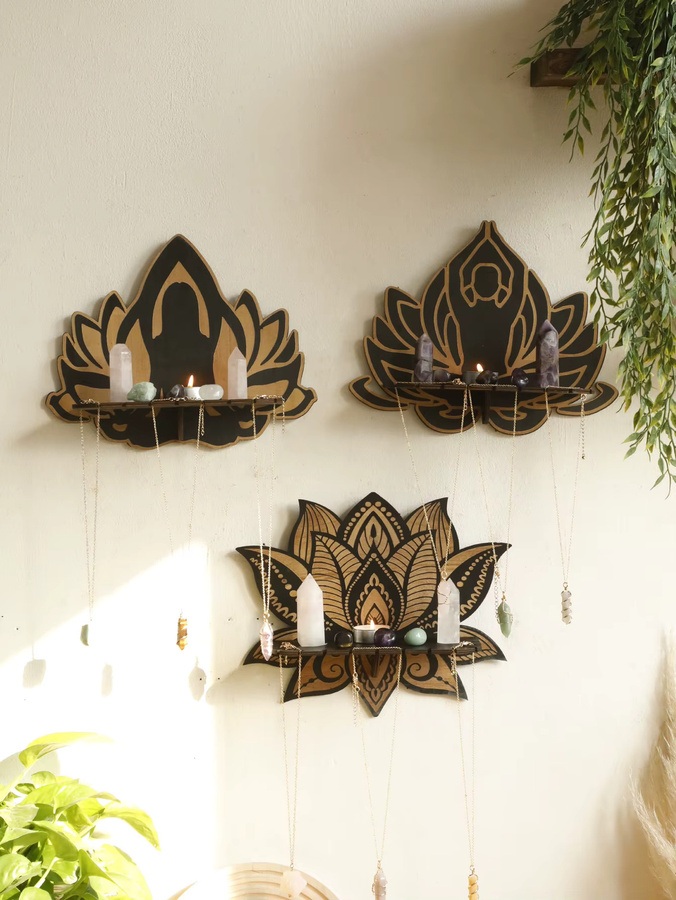 Artilady Lotus Kristall Wandregal aus Holz in Schwarz, Boho Schwimmendes Regal für Wohnzimmer, Schlafzimmer und Büro - Bild 2