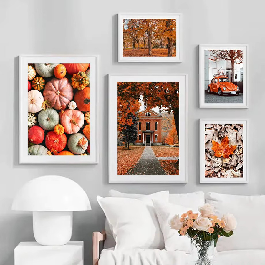 Potdemiel Wandkunst Leinwandbild im Nordic-Stil mit Paris Turm, Kürbis und Herbstblättern, Mehrfarbig - Bild 2