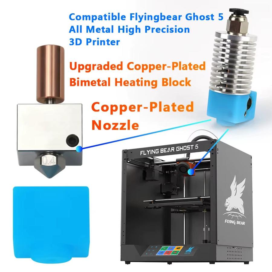 YUNSN 3D Upgrade-Bimetall-Heatbreak Set mit beheiztem Kupfer-Heizblock und 0,4 mm plattierter Kupferdüse in Silber für Flyingbear-Ghost 5 - Bild 2