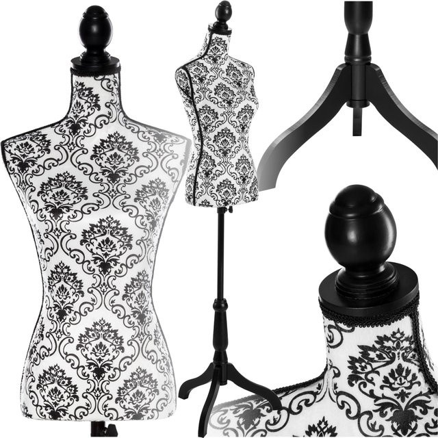 tectake Schneiderpuppe Torso mit Blumenmuster in Schwarz Weiß, höhenverstellbar, B/T/H: 77 x 38 x 168 cm - Bild 1