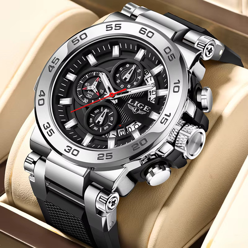 LIGE Armbanduhr Chronograph, Quarz, Silikon, Schwarz, Herren - Bild 6