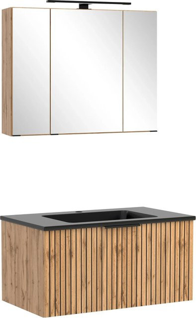 Held Möbel Waschtisch-Set aus Wildeiche Schwarz mit Spiegelschrank und Mineralguss-Becken, 2-teilig, B/T/H: 200 x 80 x 47 cm - Bild 1