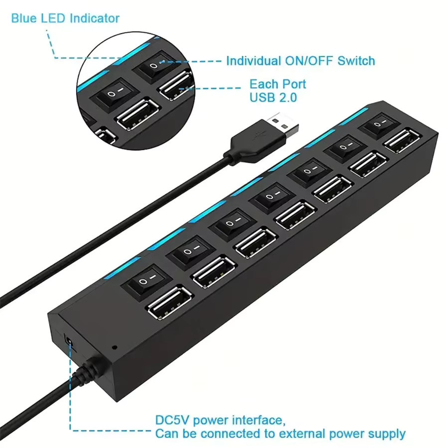 7-Port USB 2.0 Splitter mit Anti-Burnout-Schutz und Hochgeschwindigkeits-Synchronübertragung in Schwarz für PC, Laptop und andere Geräte - Bild 2