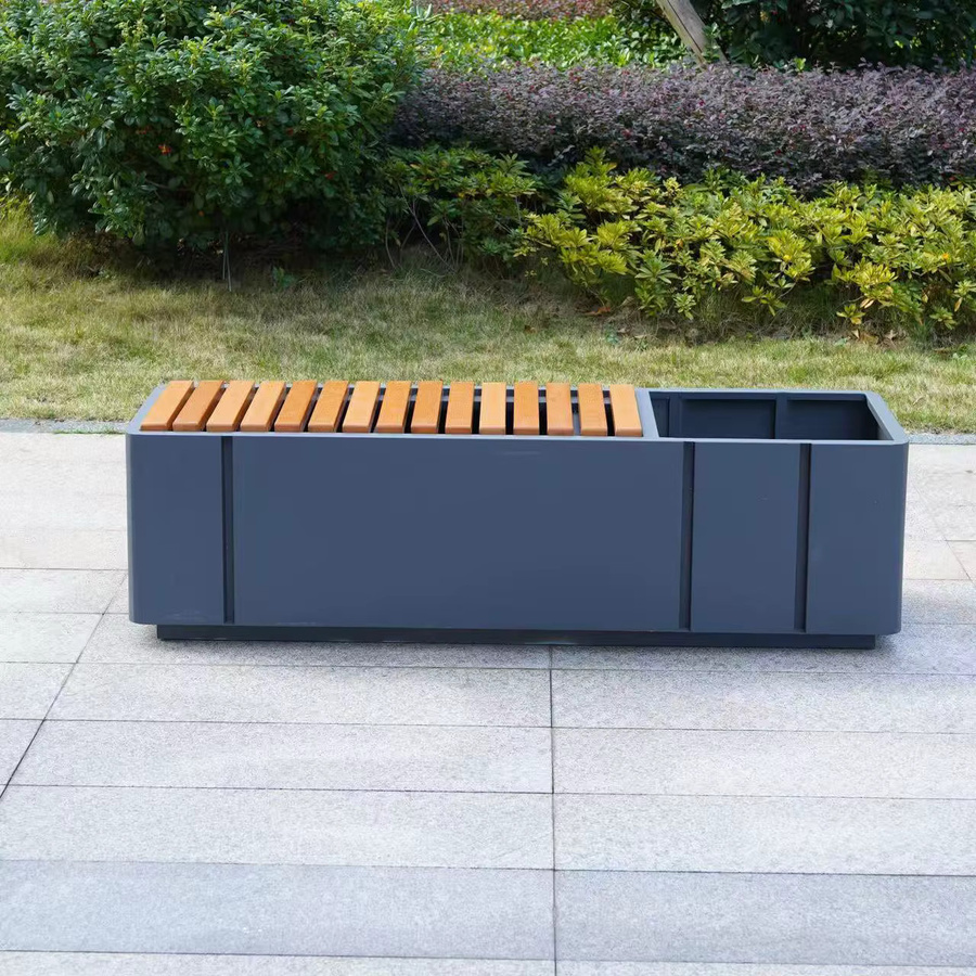 XMSJ Moderne Outdoor-Sitzbank mit integriertem Blumenkasten in Grau aus wetterfestem Synthetik-Holz - Bild 2