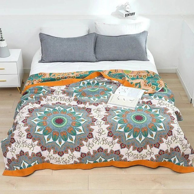 Nordische Überwurfdecke aus Baumwollgaze im Boho-Stil mit floralem Muster, Mehrfarbig, B/B: 150 x 200 cm - Bild 1