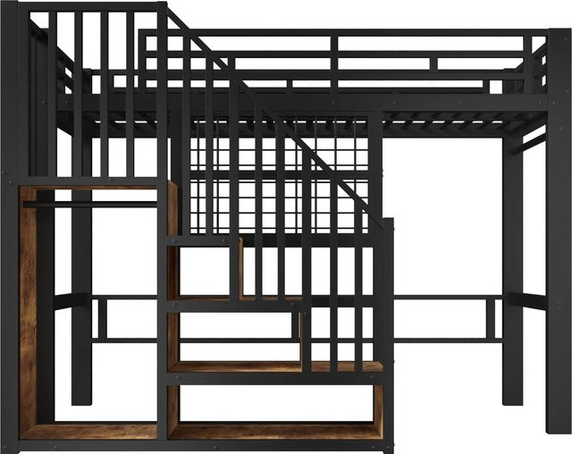 Merax Hochbett aus Metall und MDF mit Treppe, LED-Unterbettbeleuchtung und Seitenfächern, Schwarz, B/T/H: 90 x 200 x 170 cm - Bild 1