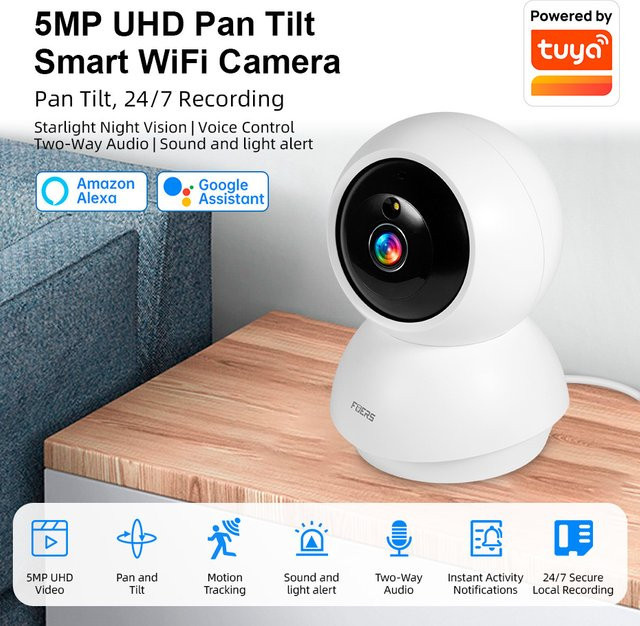 Fuers Tuya Smart Home WiFi IP Überwachungskamera mit 5MP, AI-Erkennung und automatischem Tracking, weißer Indoor Baby Monitor mit App-Steuerung - Bild 1