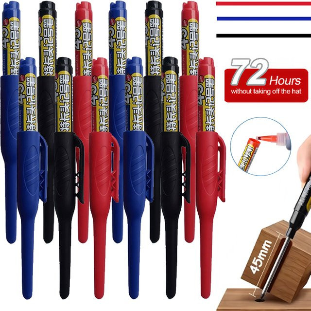 MROOFUL Markierungsstifte Set mit 45 mm Spitze, 12 Stück in Schwarz, Blau und Rot, zum Markieren von tiefen Löchern bei der Holzbearbeitung und beim Bohren von Fliesen - Bild 1