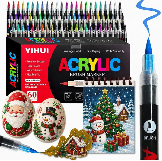 Acrylmarker mit weicher Pinselspitze im Set mit 60 Farben, wasserfeste Aquarell-Malstifte für DIY-Projekte auf Stein und Holz, Multicolour - Bild 1